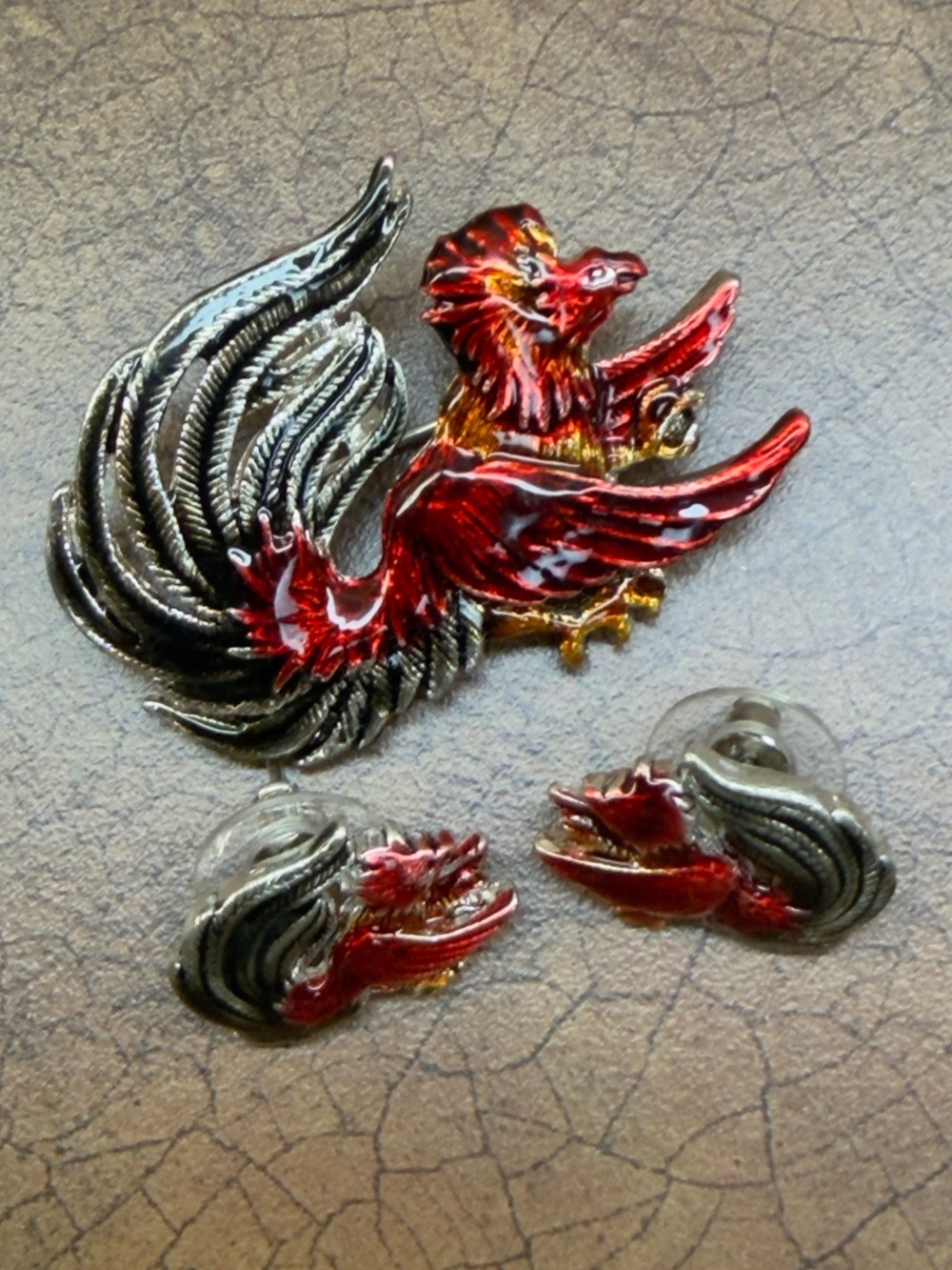 Red and Silver Phoenix Brooch with Matching Earrings